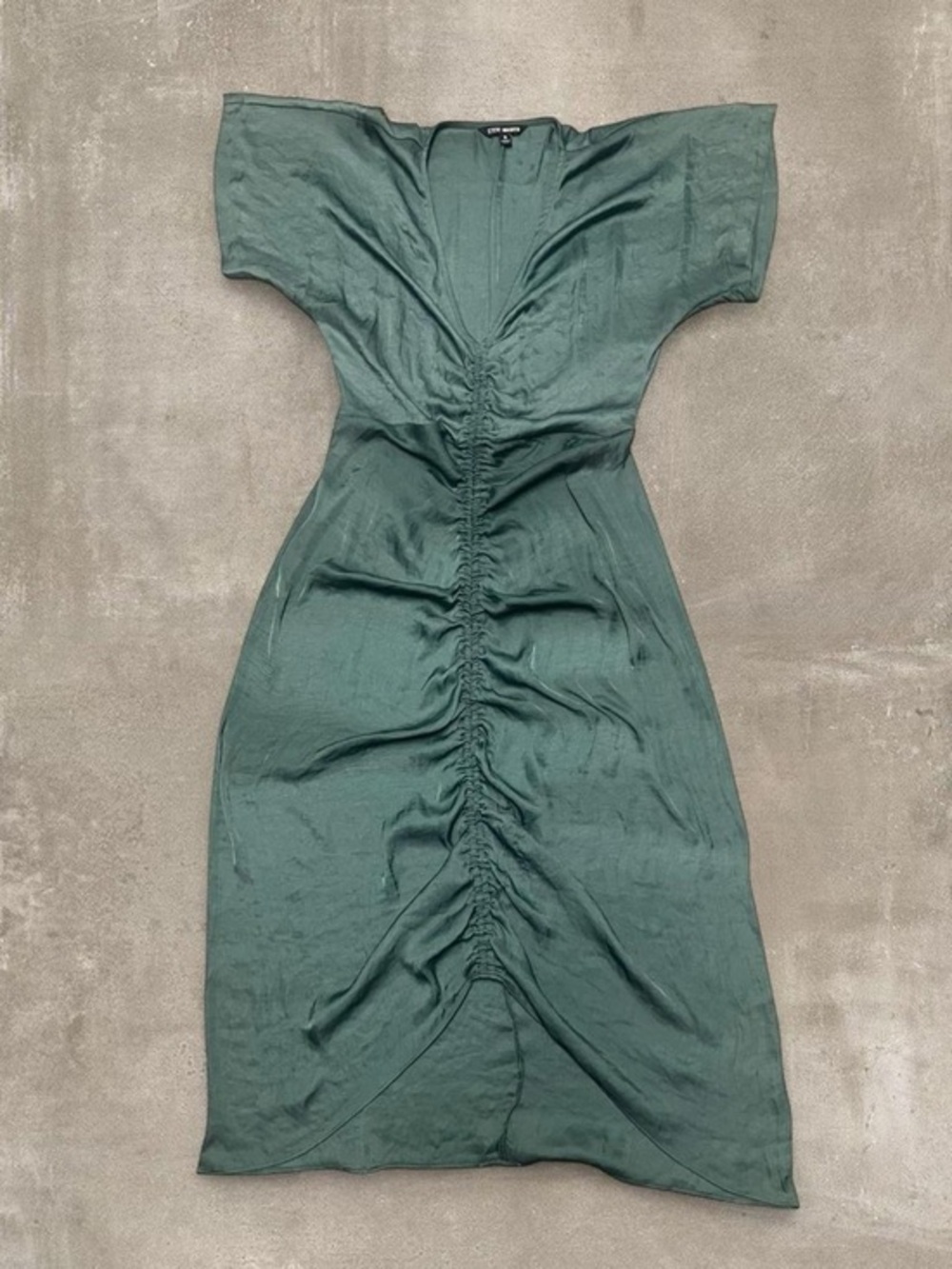 Steve Madden Green Prom Midi Dress Ruched Waist Flowy Short Sleeve Size Small